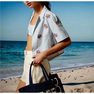 Maeve x Anthropologie Crop Surf Crab Blue White Striped Buttondown Size XS NWT